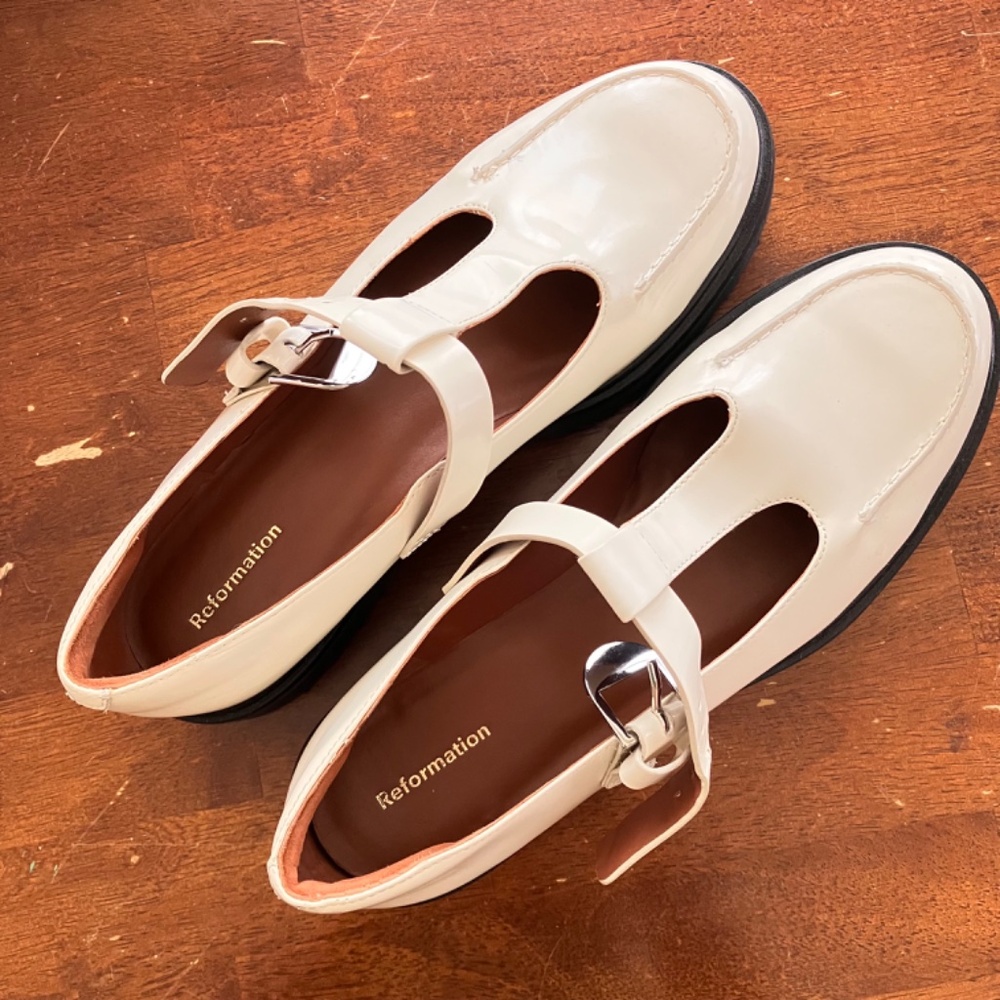 Reformation Abalonia White Leather Mary Jane Flats
